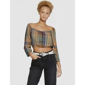 NWT Wild Fable Plaid Off-the-Shoulder Long Sleeve Ruched Front Crop Top-Size XL